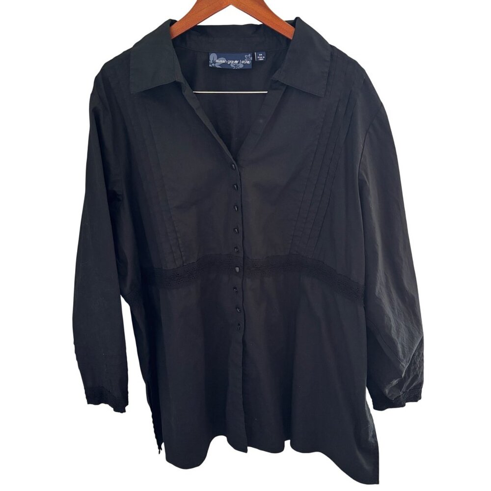 Susan Graver Style Black Button Up Collared Shirt Top Sz XL Cotton Lace Pin Tuck